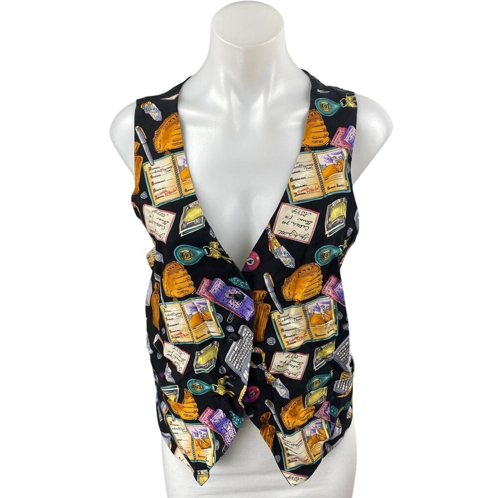 Vintage Nicole Miller Multicolor 100% Silk Graphic Print Sleeveless Vest Top XL